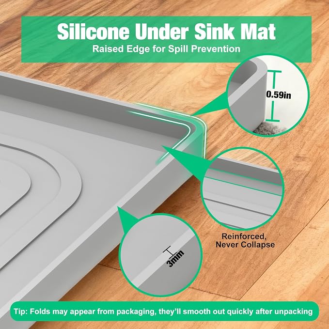 Under Sink Mat 31" X 22", Waterproof Silicone Cabinet Kitchen Liner, Gray - Image 5