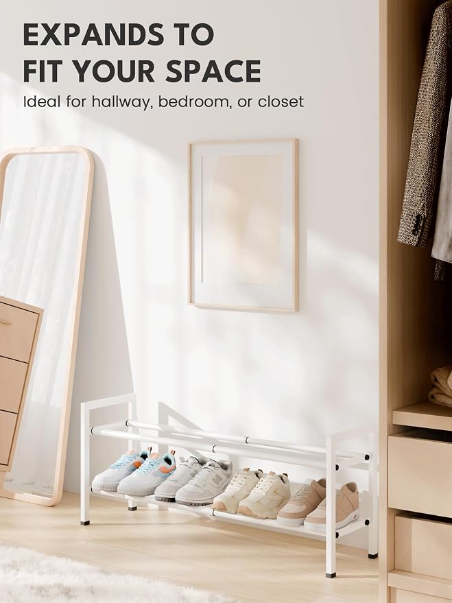 Bumusty 2 Tier Expandable Shoe Rack for Closet, White | 18"-33" Adjustable Shoe Rack for Entryway, Small Shoe Organizer for Dorm, Front Door, Sturdy Metal - Image 5