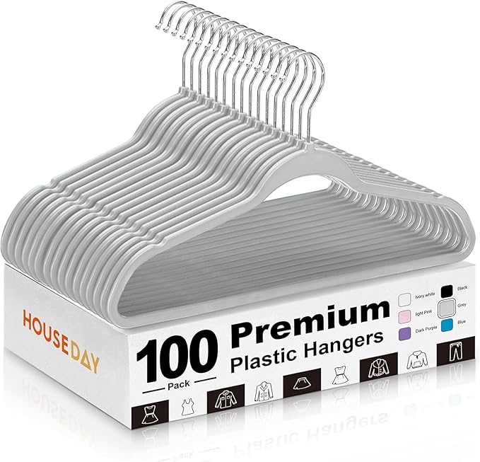 HOUSE DAY Grey Plastic Hangers 100 Pack, Ultra-Thin Heavy Duty Non-Velvet by HOUSEDAY