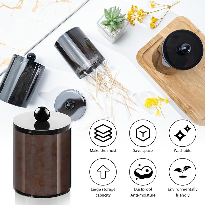2 Pcs Acrylic Qtip Holder, Cotton Ball Holder Jars with Lids, Black - Image 3