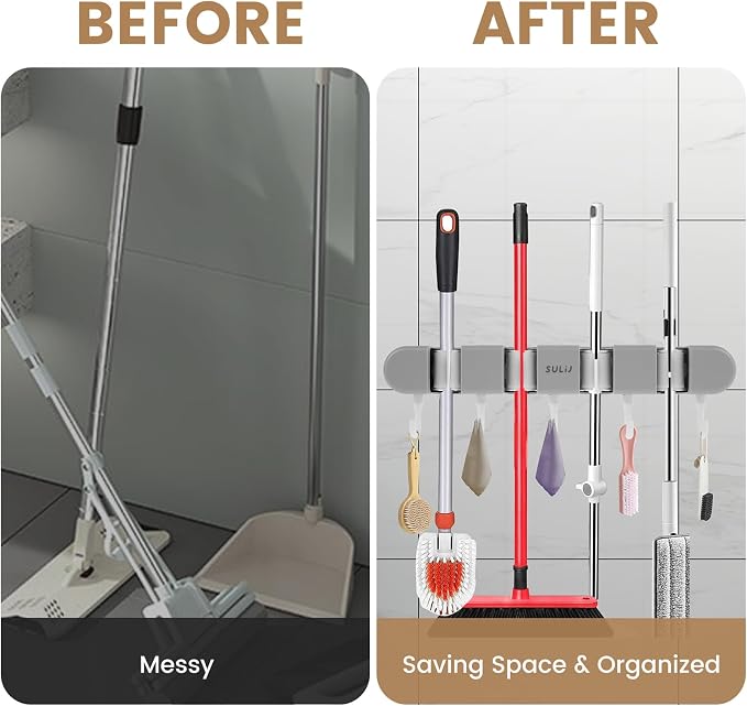 2Pcs Broom Holder Wall Mount, No-Drilling Self-Adhesive Mop and Broom Storage Rack with Hooks (4 Racks with 5 Hooks), Wall-Mounted Broom Hanger for Bathroom, Kitchen, Closet, Garage (Grey) - Image 4