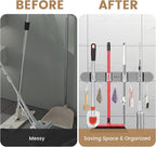 2Pcs Broom Holder Wall Mount, No-Drilling Self-Adhesive Mop and Broom Storage Rack with Hooks (4 Racks with 5 Hooks), Wall-Mounted Broom Hanger for Bathroom, Kitchen, Closet, Garage (Grey) - Image 4