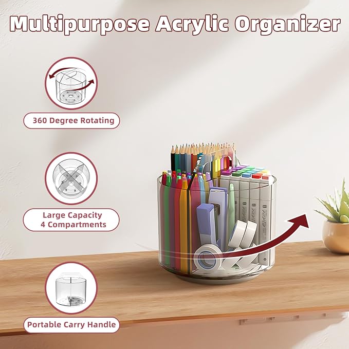 2 Pack Pen Pencil Holder for Kids, Rotating Pen Holder for Desk Organizer, 4 Compartments Art Supply Marker Organizer and Storage, Kids Desk Organizer Marker Holder Caddy Art Supply Organizer for Desk - Image 3