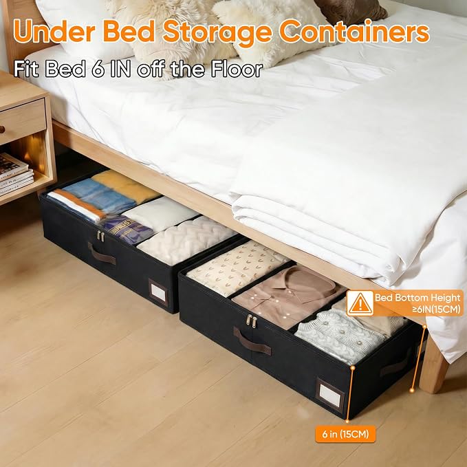 OIAHOMY 2 Pack 53L Under Bed Storage with Adjustable Dividers, 6" Low Profile Underbed Storage Bins for Comforters & Clothes, Save Closet Space with Clear View Lid & Reinforced Handles, Black - Image 4