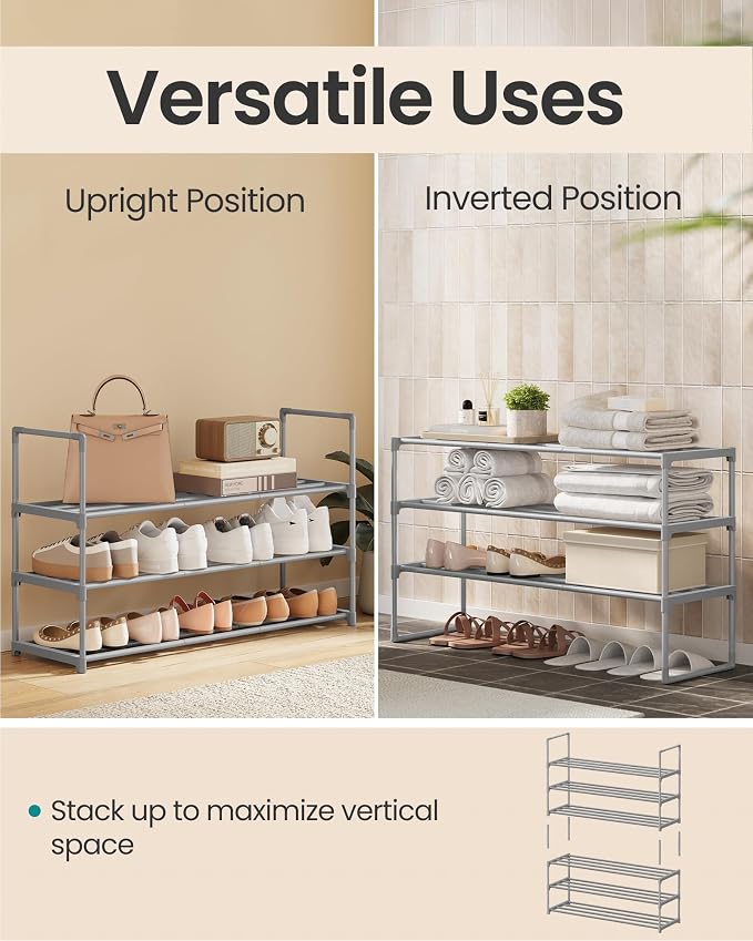 SONGMICS Shoe Rack, 3-Tier Shoe Organizer, Metal Storage Shelf | for Entryway, Upright or Upside Down, for 16-20 Pairs, Stackable, 11.8 x 36.2 x 21.7 Inches, Gray ULSA303G01 - Image 4