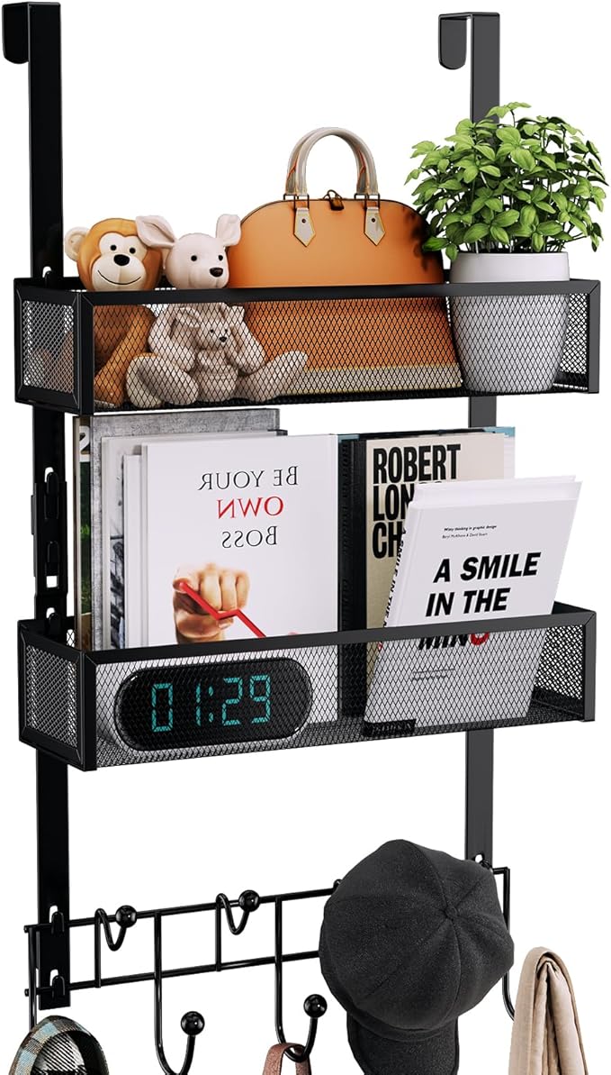 Consumest Over The Door Hooks Organizer - 3 Tier Door Hanger with 9 Coat Hooks & 2 Mesh Basket, Back Storage Organizer Hanging Towels for Bathroom, Bedroom, Black by Consumest
