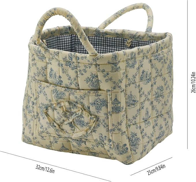 Quilted Fabric Storage Basket with Handles & Pocket, Foldable Laundry Hamper Boho Floral Print Organizer Bin for Home, Picnic, Office 12"x10"x10" (B-3) - Image 7