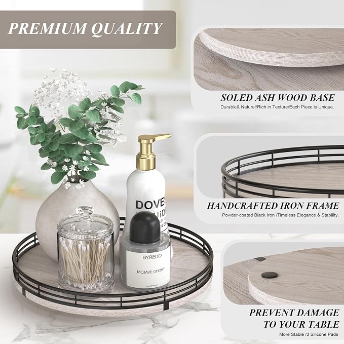 AMH 10-Inch Rustic Whitewashed Oak Lazy Susan Vanity Tray - Image 5