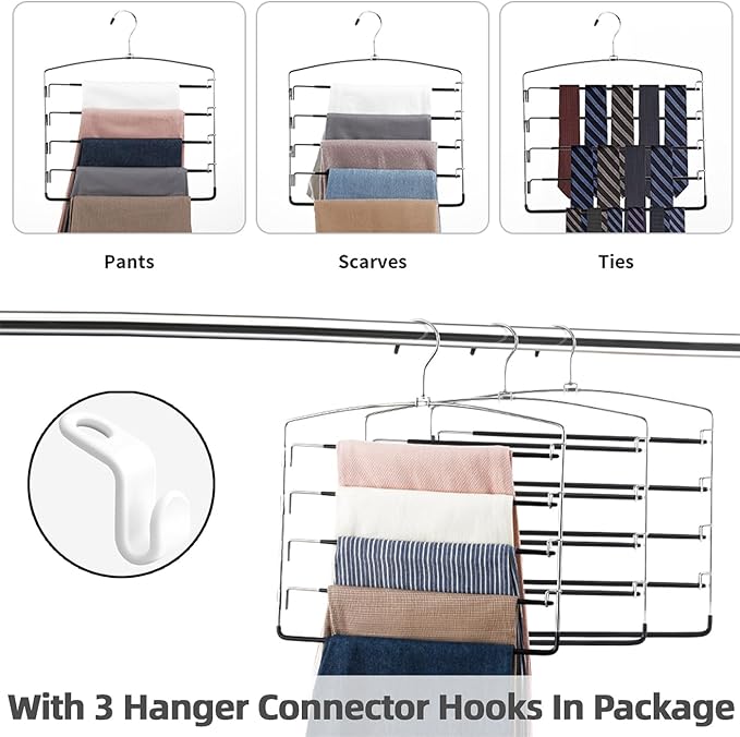FeeraHozer Pants Hangers Non Slip 3 Pack Space Saving Hangers Multi-Layer Swing Arm Pants Hanger Stainless Steel Space Saver Hanger Closet Storage Organizer for Jeans Trouser Slacks Clothes (Black) - Image 6