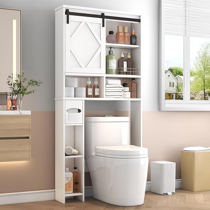 Over the Toilet Storage Cabinet with Farmhouse Sliding Barn Door, Above Toilet Organizer with Toilet Paper Holder Stand, Behind Toilet Shelf, Space Saver for Restroom, Bathroom, Laundry, White by KNOWORLD