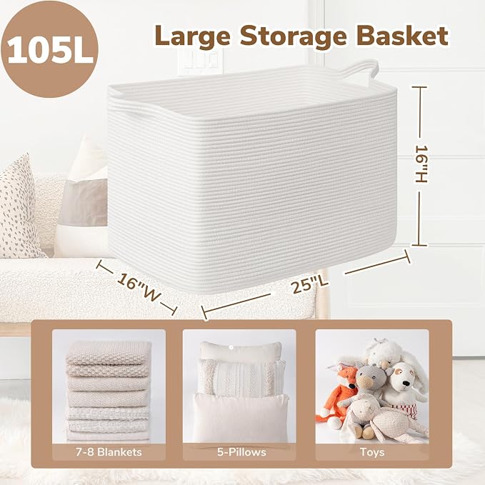 Goodpick 105L Extra Large Woven Rope Blanket Basket, Rectangle, White - Image 3