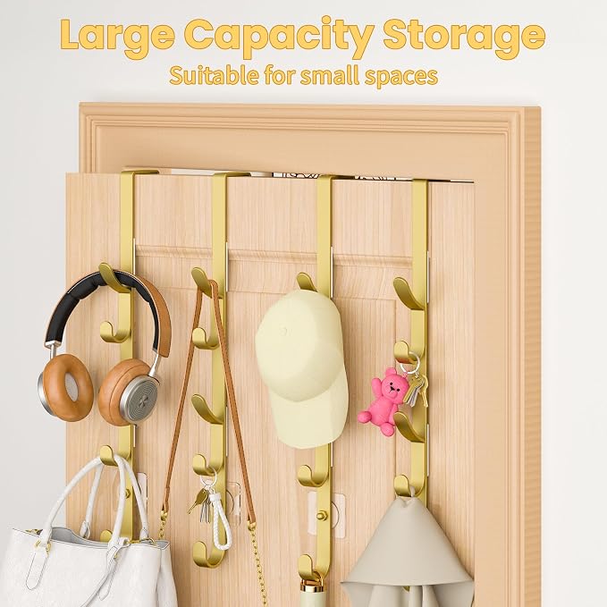 Kaiferty Over the Door Hooks, Metal Door Hooks for Hanging, Over the Door Purse Organizer for Door Coat Hanger, Back of Shower for Hanging Towel Rack Clothes, Hat, Bathroom, Closet (Gold-4Packs) - Image 3