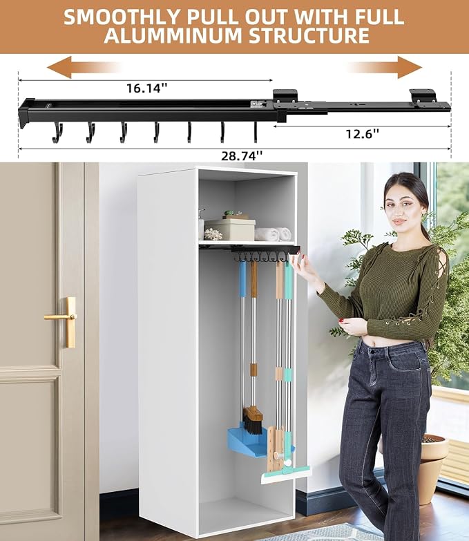 Pull Out Broom Holder With Adjustable Double Row Sliding Hook-Black 16.14in - Image 2