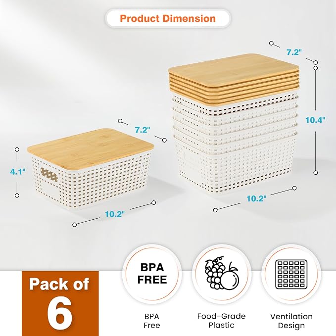 Ohmlove 6 Pack Plastic Storage Baskets with Bamboo Lids for Organization - Image 2