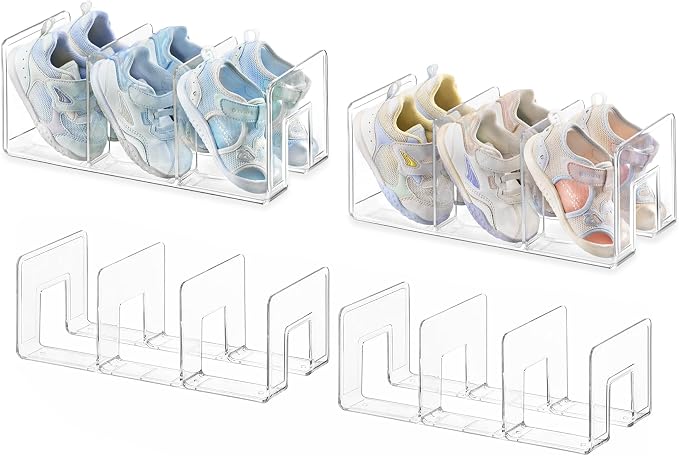 HBlife Widened 4.17 Inch Clear Acrylic Kids Shoe Rack for Closet Organizers and Storage, Small Shoe Rack 3 Sections Toddler Baby Shoe Storage Organizer Shelf, Desk File Book Purse Organizer(4 Pack) by HBlife