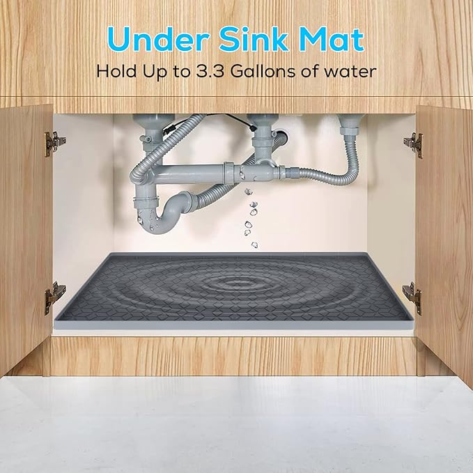 Under Sink Mat for Kitchen, Silicone Waterproof Liner, Flexible Organizer Tray with Drain Hole, 3.3 Gallons Capacity, Easy to Clean (Gray, 28x19) - Image 3
