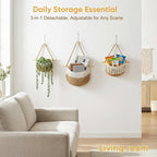 Boho Style Handwoven Rope Hanging Basket - 3-Tier Detachable Storage Organizer for Kitchen/Bathroom/Entryway, 3 Included Heavy-Duty Hooks, 7 Color Options Available (Gold) - Image 5