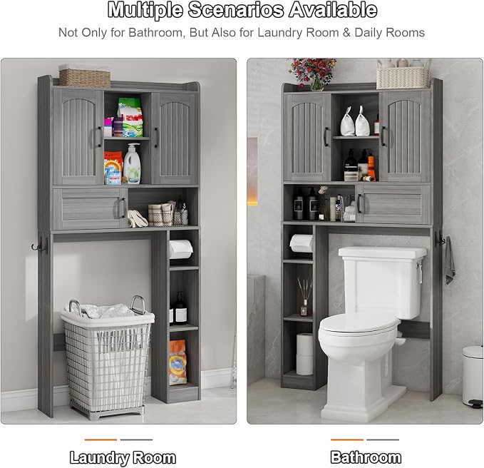 Vabches Over The Toilet Cabinet with 2 Barn Doors & Sliding Door, Grey - Image 6