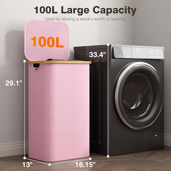 Bathola Laundry Hamper with Lid, Laundry Basket with Removable Bag, Pink - Image 2