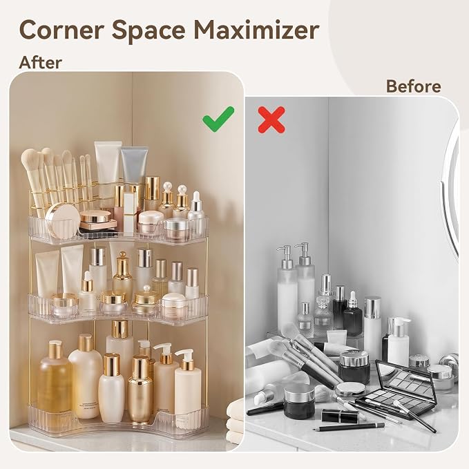 3-Tier Corner Bathroom Counter Organizer with Makeup Brush Holder, Clear - Image 3