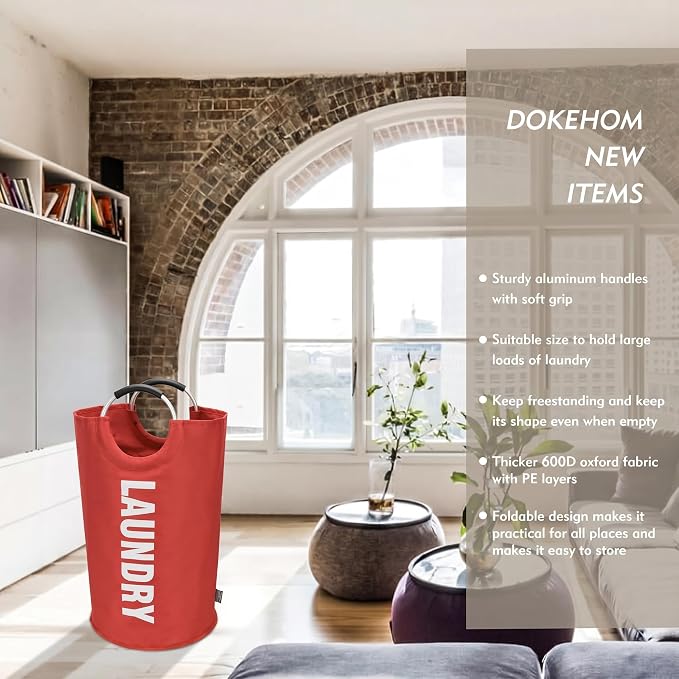 DOKEHOM 90L Large Laundry Basket Bag, Collapsible Tall Hamper, Red - Image 2