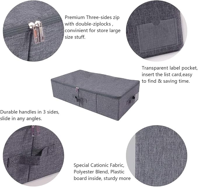 Folding Fabric Rigid Under Bed Closet Storage Bins with Zip Lid,Black Gray - Image 3