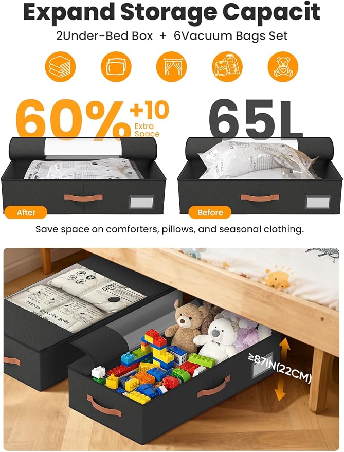 TOSKING 2-Pack Under Bed Storage Drawers with Wheels, 6 Vacuum Bags, 7.9" Height, Large 65L/80 lbs Clear Lid Rolling Bin, 900D Oxford, Space Saver for Dorm Bedroom, Blankets, Clothes, Shoes, Black - Image 6