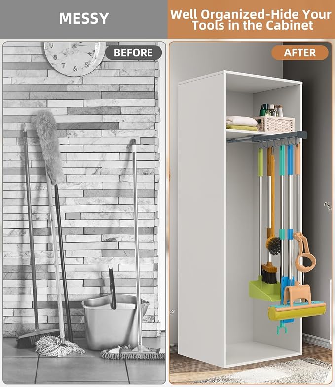 Pull Out Broom Holder With Adjustable Double Row Sliding Hook -Grey 14.17in - Image 5
