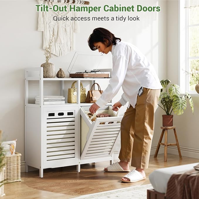 Homykic Tilt Out Laundry Hamper Cabinet, Bamboo Laundry Organizer, White - Image 4