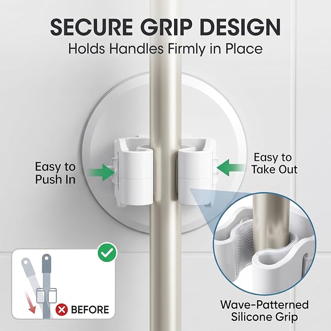 Broom Holder Wall Mount Adhesive 3 Pack Mop Holder Wall Mount, Broom Gripper, Broom and Mop Organizer Wall Hanging, No Drill Broom Hanger for Bathroom, Kitchen, Laundry Room, Garage Holds up to 4 lb - Image 6