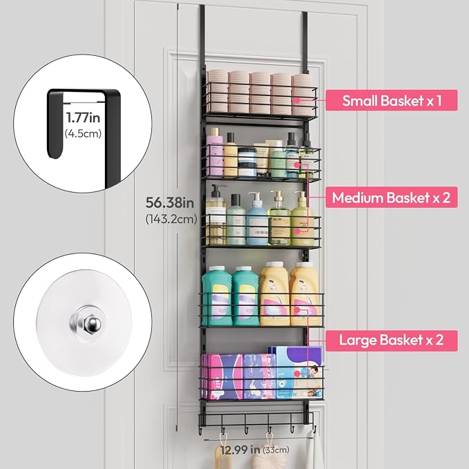SWTYMIKI Over The Door Organizer - Door Organizer Hanging with 5 Adjustable Metal Large Capacity Basket and 6 Coat Hook, Wall Mounted Shelf for Bedroom Closet Bathroom Laundry Pantry Cabinet Kitchen - Image 3