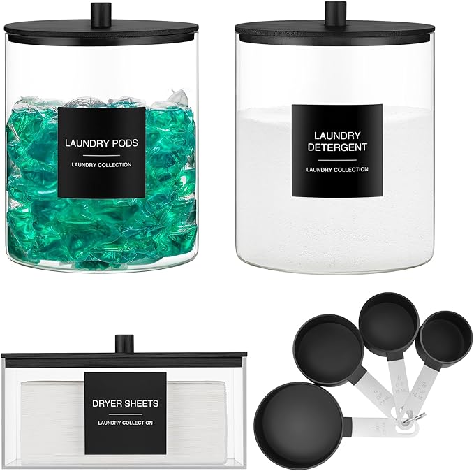 3 Pack Glass Jars and Acrylic Dryer Sheet Holder, Laundry Pods Container with Bamboo Lid and Measuring Cups for Laundry Room Organization, Powder Detergent Containers (Black) by TIPGO