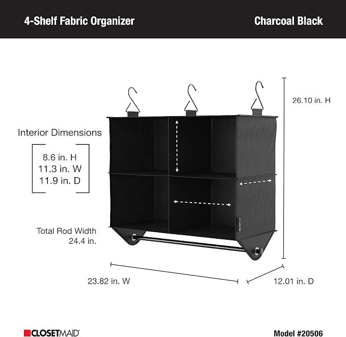 ClosetMaid 4-Shelf Fabric Hanging Closet Organizer with Garment Rod for Shirts, Sweaters, Pants, Hats, Shoes, Purses with Charcoal Black Finish - Image 5