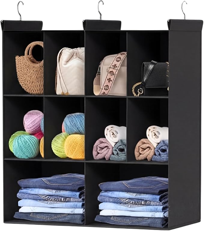 3 Tier Hanging Closet Organizer, 10 Compartments Dual Row Storage, Black | Closet Organizers and Storage with Large & Small Pockets, 3 Sturdy Hooks Support Heavy Loads, for Dorm, RV, Garment Rack by Ofiray-home