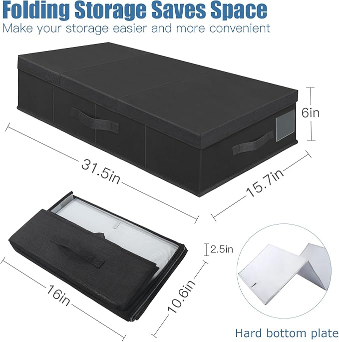 Supowin 2Pack Large Underbed Storage Containers Bin with Lids, Black | 6 Inches Tall Under Bed Storage Organizer Box with Handles, Foldable Closet Organizer for Clothes, Blankets, Seasonal Items - Image 2