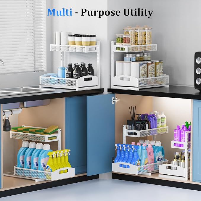 Petiza Metal Under Sink Organizer, Pull Out Cabinet Organizer Rack with Silk-Smooth Bottom Drawer, 5-Level Adjustable, Multi-Purpose Storage Shelf for Bathroom, Kitchen, Vanity, Pantry (2-Pack) - Image 8