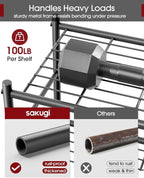Sakugi 5-Tier Storage Rack Organizer with Hooks, Heavy Duty Metal Garage Rack with Leveling Feet, Freestanding Utility Rack for Bedroom, Balcony and Garage, 18.1"×12.4"×56.8", Black - Image 6