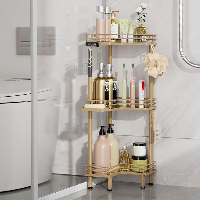 Consumest Corner Shower Caddy Standing - 3-Tier Stainless Steel Shower Organizer with Soap Holder and 4 Hooks, Large Capacity Corner Shelf Stand for Bathroom, Rest Room, Gold - Image 6