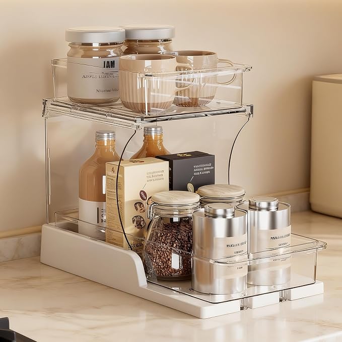 Jsyrjing Pull Out 2 Tier Organizer for Kitchen Bathroom and Cabinet Storage Rotating Pantry Rack Under Sink Organizer Clear and Durable Design 1 Pack by HomeLivingKitchenOrganiza
