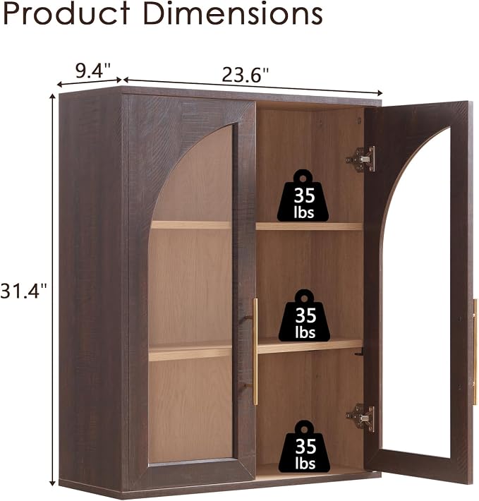 Bathroom Wall Cabinet, 23.5×31.4'' Storage Cabinet, Arched Cabinet Wall Mount with Adjustable Shelf & Glass Doors, Medicine Cabinet for Laundry Room, Bathroom, Kitchen, Living Room, Brown, 3 Pieces - Image 2