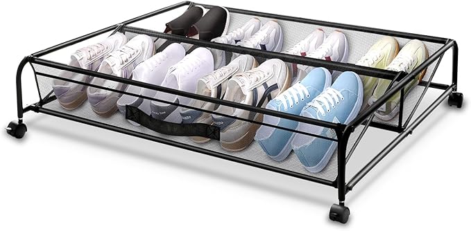 XSCQ Under Bed Shoe Storage with Wheels, Space Saving Shoe Organizer with Sturdy Metal Frame & Breathable Mesh, Suitable Under The Bed, Sofa and Desk, 1 Pack by OLIKIUS