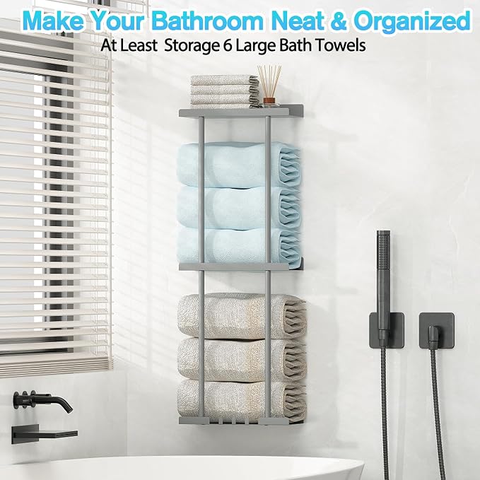Liuoud Towel Rack for Bathroom, Wall Mounted Bath Towel Holder Storage Organizer for Rolled Towels, Vertical Towel Rack with Shelf Can Holds Up 6 Large Bath Towel (Grey, Larger Size) - Image 8