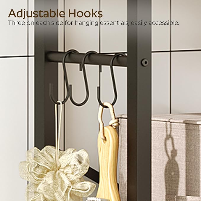 YATINEY 2-Tier Over The Toilet Storage, Multifunctional Vertical Over Toilet Bathroom Organizer, Freestanding Bathroom Storage Shelves with Hooks, Bathroom Organizer, Rustic Brown and Black TR01BR - Image 6