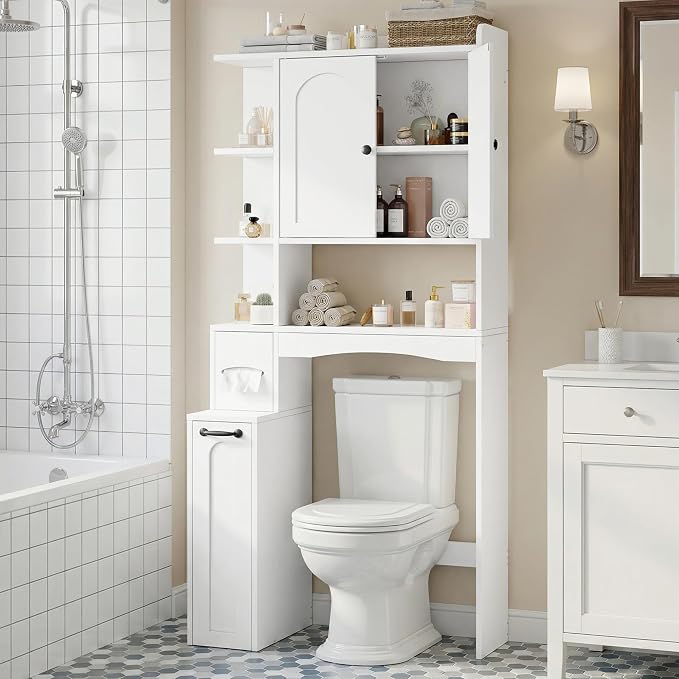 Einhomn Over The Toilet Storage Cabinet with Pulley, Space Saver Bathroom Organizer with Arched Doors & Open Shelves, Toilet Paper Holder Stand Toilet Rack for Bathroom, Restroom, Laundry, White - Image 3