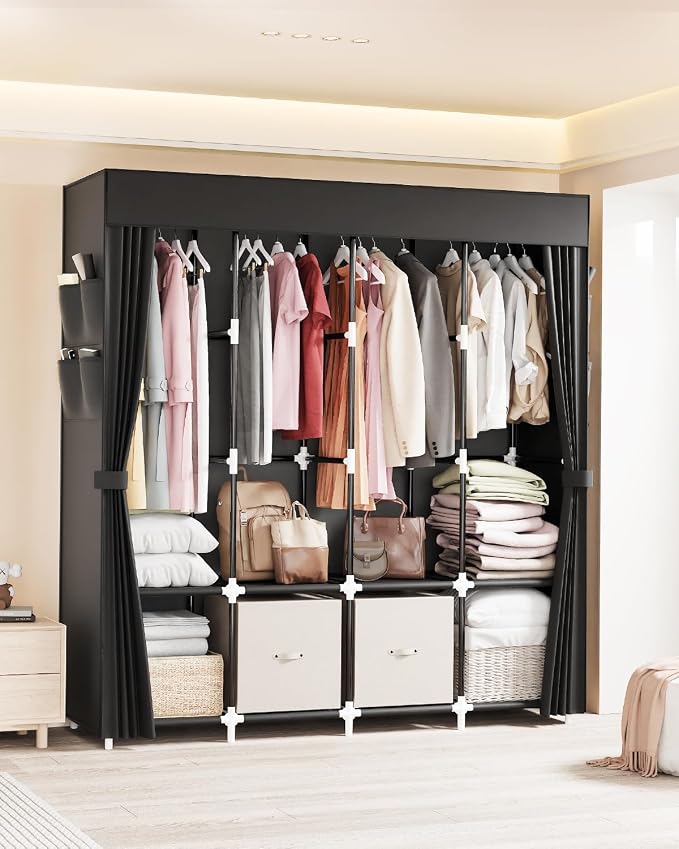 Mavivegue Clothes Organizer with 4 Hanging Rods, Portable Closet Wardrobe, Non-Woven Fabric Cover, Large Capacity Storage for Bedroom and Living Room,Black, 67" W x 17" D x 67" H - Image 8