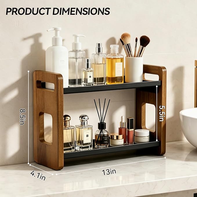2-Tier Acacia Wood Bathroom Countertop Organizer and Storage, Vanity Bathroom Sink Organizer Shelf for Skin Care Makeup Cologne and Perfume, Small Dresser Counter Organizer-Brown - Image 2