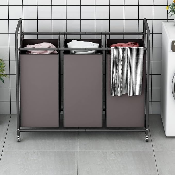 LINZINAR 3-Bag Laundry Sorter,Laundry Hamper Cart with Heavy Duty Rolling Lockable Wheels and Removable Bags (Brown) - Image 2