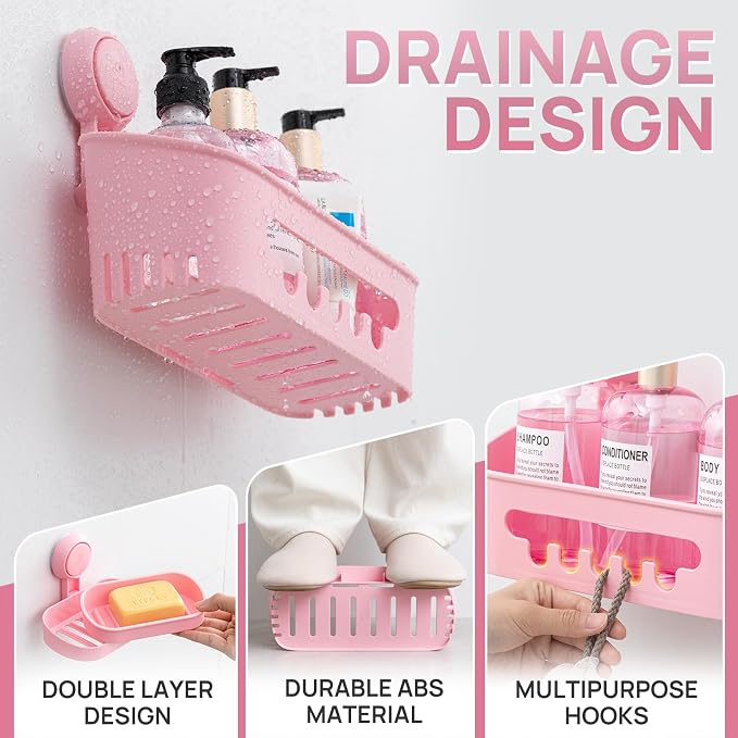 LEVERLOC Shower Caddy Suction Cup Set Shower Organizer & Soap Holder, Pink - Image 7