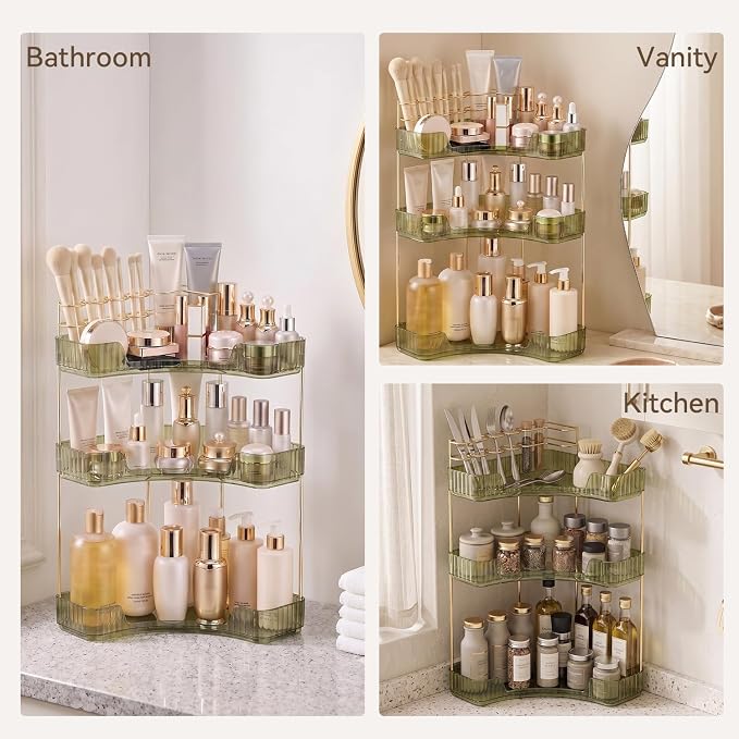 3-Tier Corner Bathroom Counter Organizer with Makeup Brush Holder, Green - Image 6