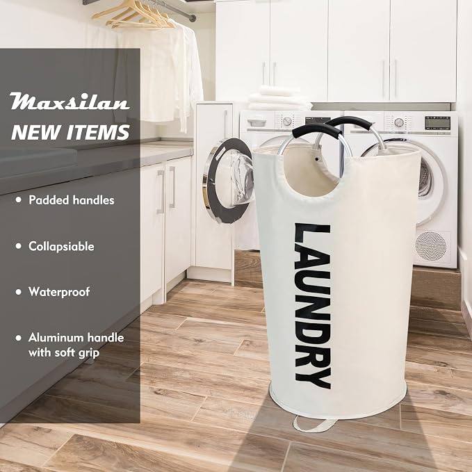 Maxsilan 125L X-Large Laundry Basket Bag, Collapsible Tall Hamper, Beige - Image 2